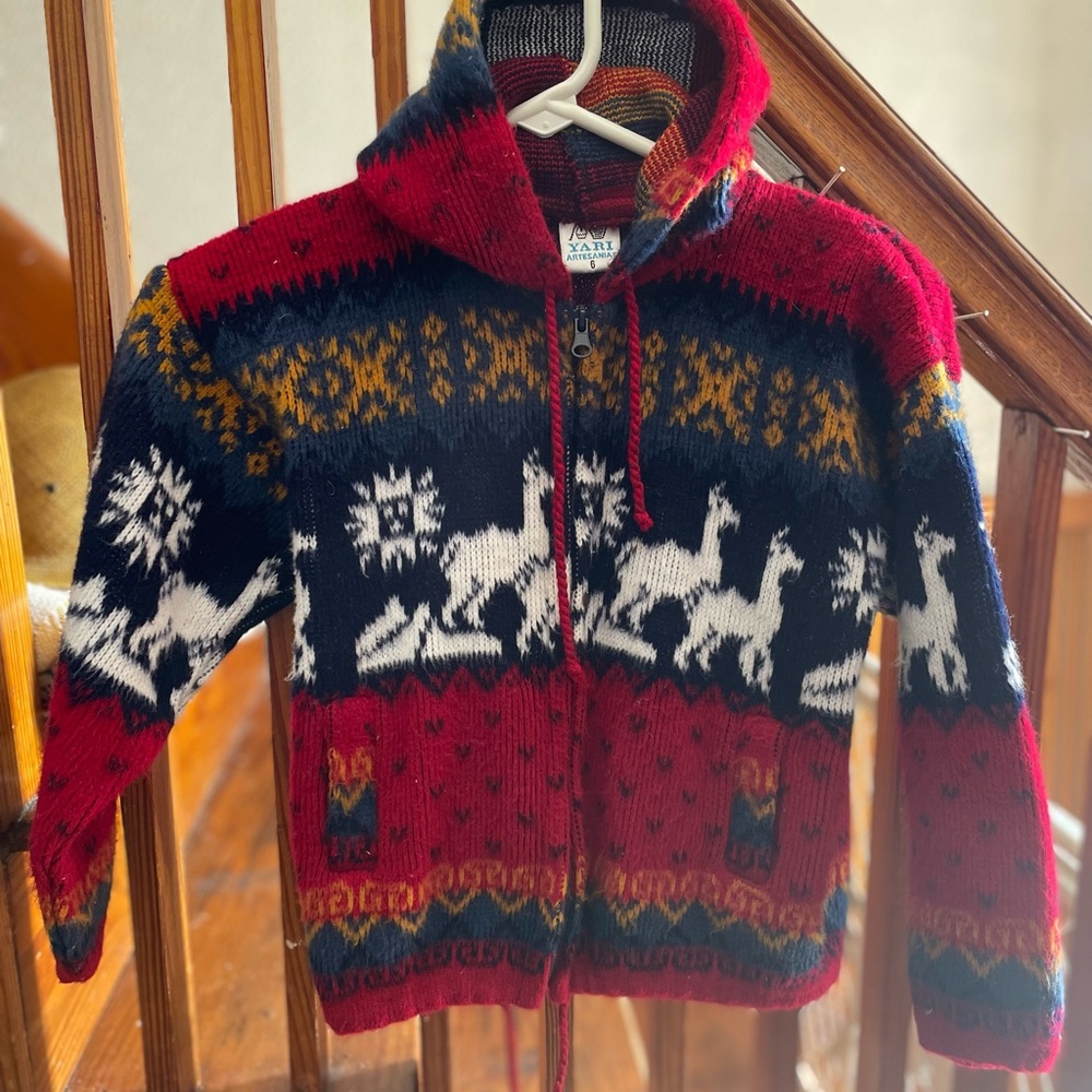 Alpaca Wool Colorful Aztec Knit Unisex Kids 6 Hooded Jacket warm comfy cozy